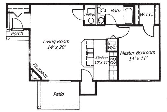 a floor plan of a small house with a kitchen and a living room