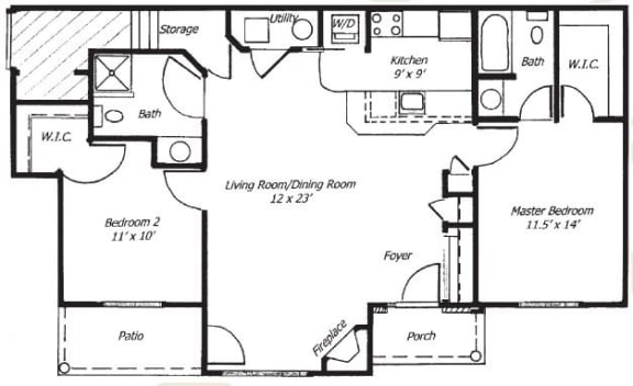 a floor plan of a 2 bedroom , living area and kitchen