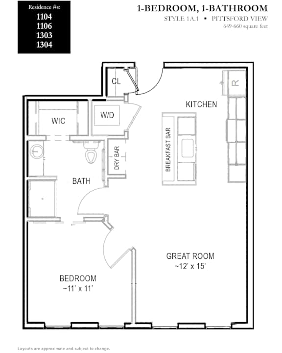 A floor plan for a 1-bedroom, 1-bathroom apartment.