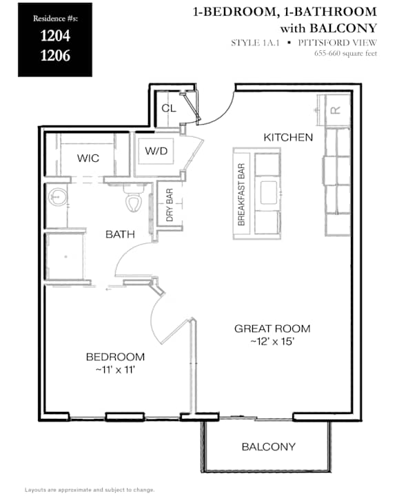 A floor plan for a 1-bedroom, 1-bathroom apartment with a balcony.
