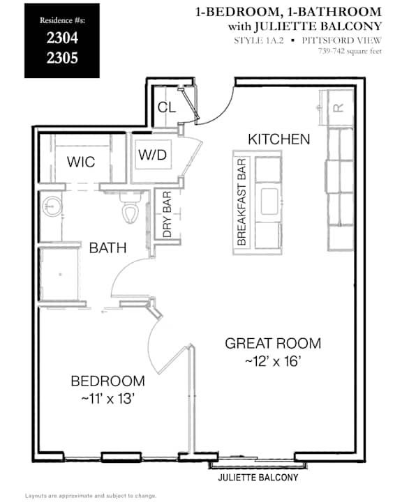 A floor plan for a 1-bedroom, 1-bathroom apartment with a great room and kitchen.