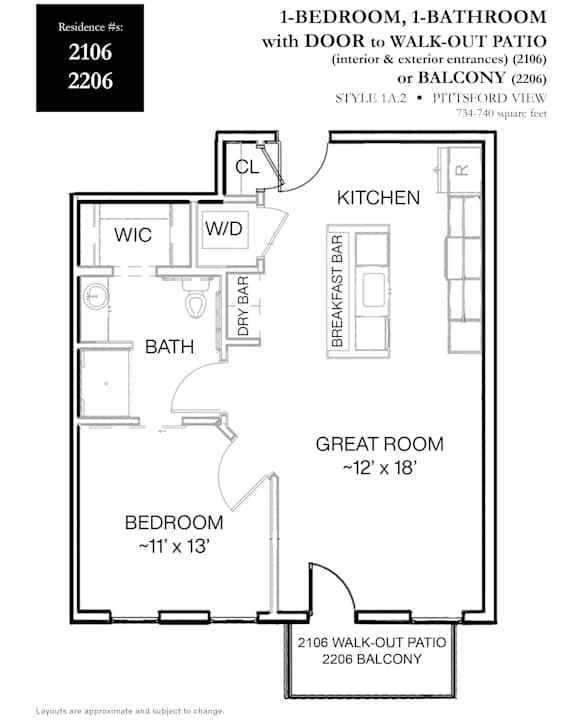 A floor plan for a 1-bedroom, 1-bathroom apartment with a walk-out patio and balcony.