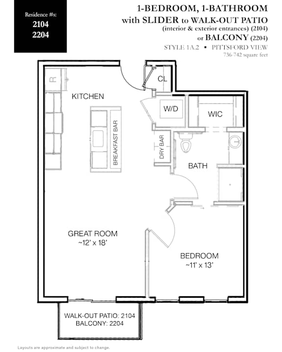 A floor plan for a 1-bedroom, 1-bathroom apartment with a walk-out patio and balcony.