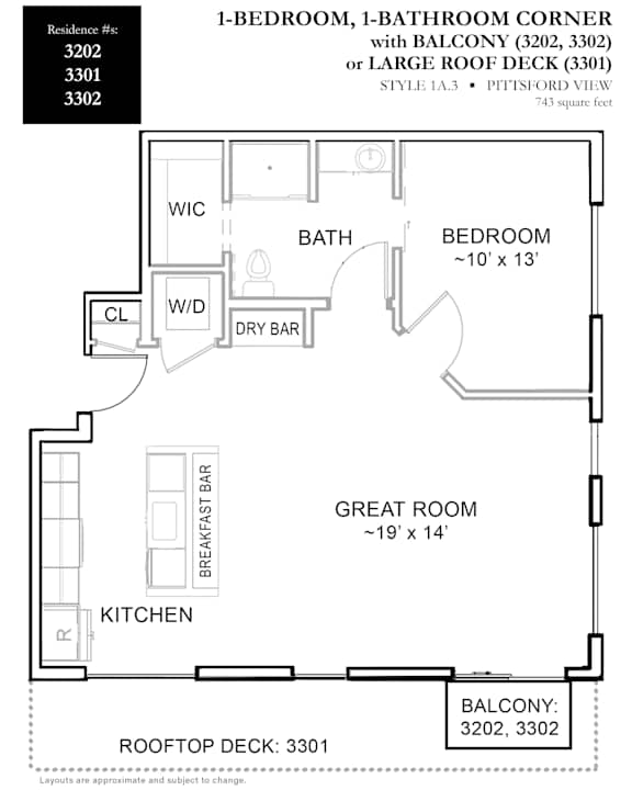 A floor plan for a 1-bedroom, 1-bathroom corner apartment with balcony.