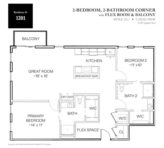 A floor plan for a 2-bedroom, 2-bathroom corner apartment with a flex room and balcony.
