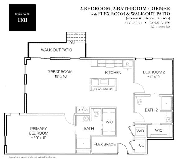 A floor plan for a 2-bedroom, 2-bathroom corner apartment with a flex room and walk-out patio.