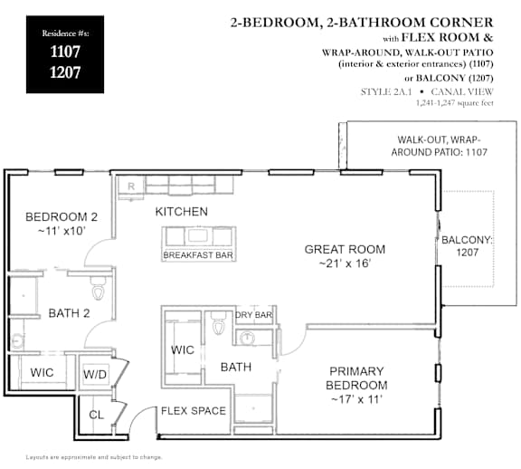 A floor plan for a 2-bedroom, 2-bathroom corner apartment with a flex room and wrap-around walk-out patio.