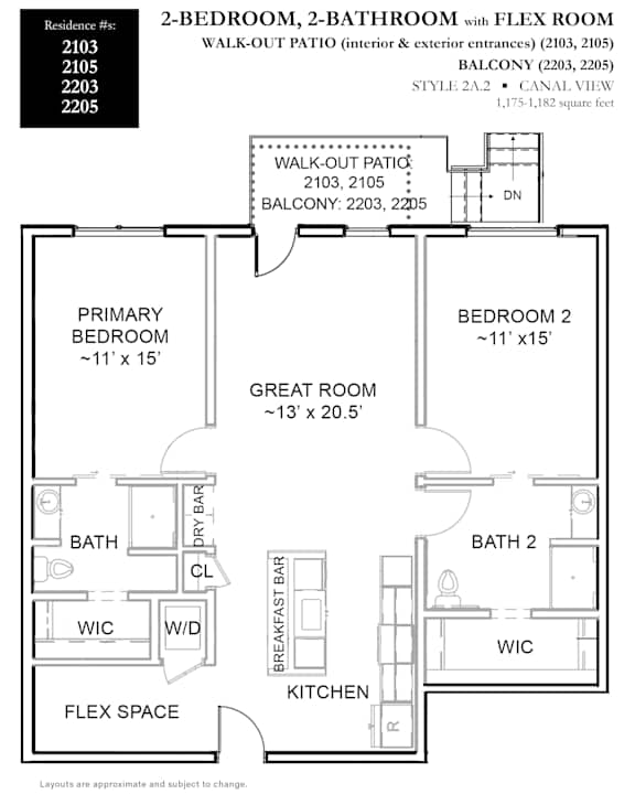 A floor plan of a 2-bedroom, 2-bathroom apartment with a flex room.
