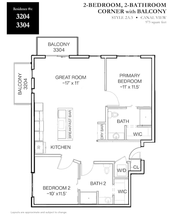 A floor plan for a 2-bedroom, 2-bathroom apartment in the corner of a building with balcony.