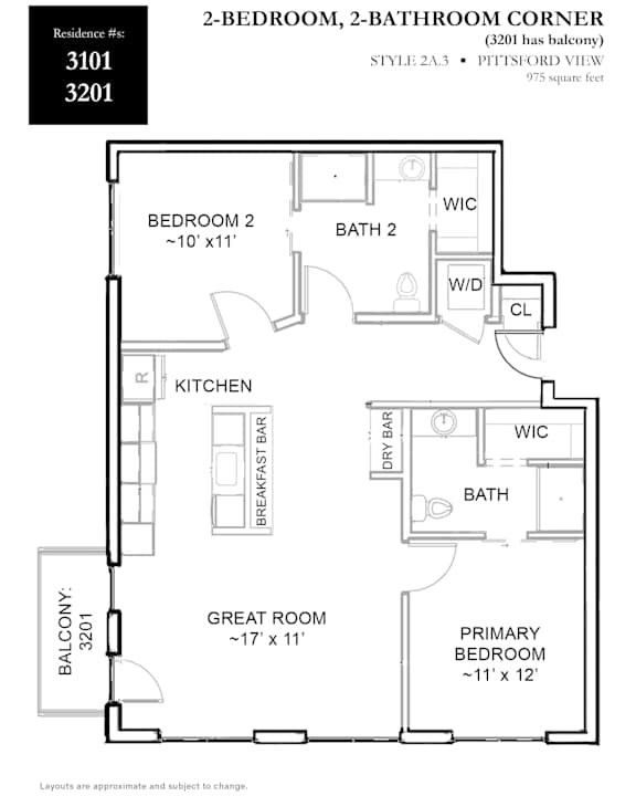 A floor plan of a 2-bedroom, 2-bathroom corner apartment.
