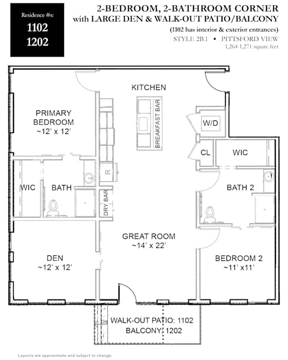 A floor plan for a 2-bedroom, 2-bathroom corner apartment with a walk-out patio and balcony.