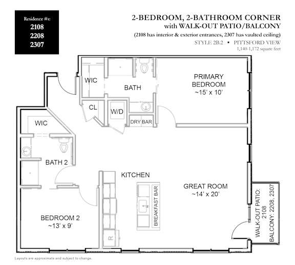 A floor plan for a 2-bedroom, 2-bathroom corner apartment with a walk-out patio and balcony.
