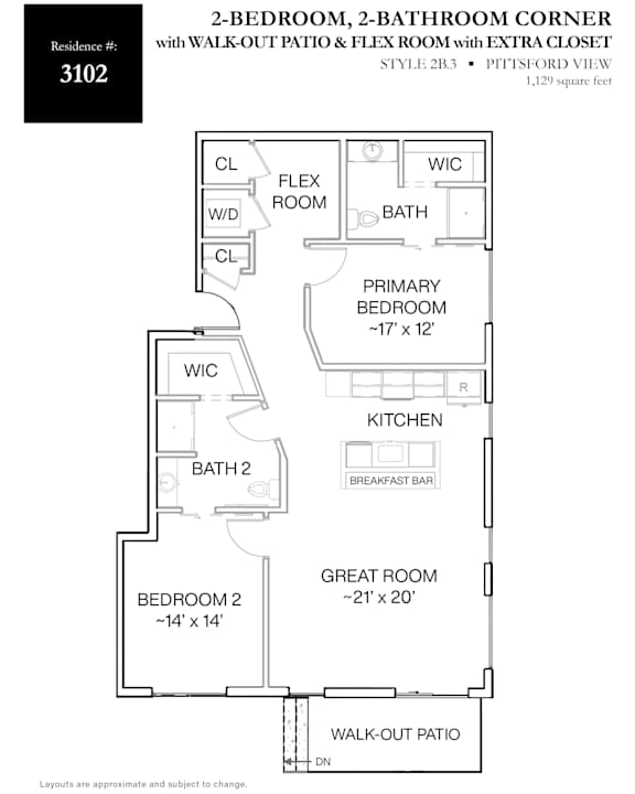 A floor plan for a 2-bedroom, 2-bathroom corner apartment with a walk-out patio.