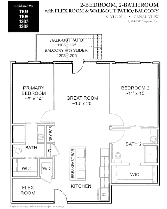 A floor plan of a 2-bedroom, 2-bathroom apartment with a flex room.