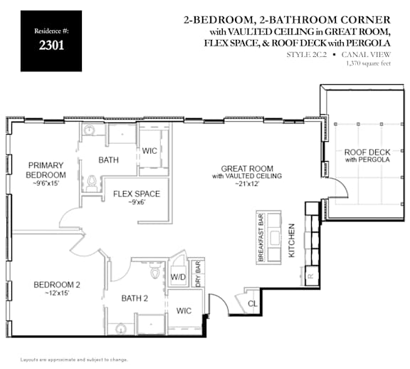 A floor plan of a 2-bedroom, 2-bathroom corner with vaulted ceiling in a great room.