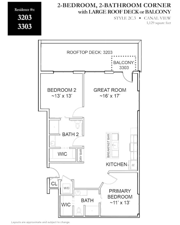 A floor plan of a 2-bedroom, 2-bathroom corner unit with a large roof deck or balcony.