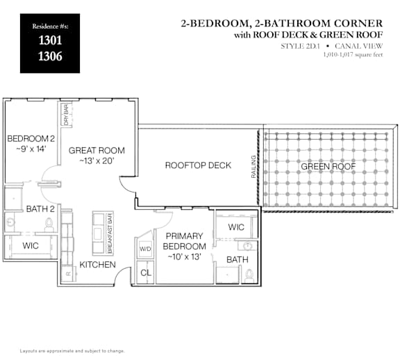 A floor plan for a 2-bedroom, 2-bathroom corner apartment with a rooftop deck and green roof.