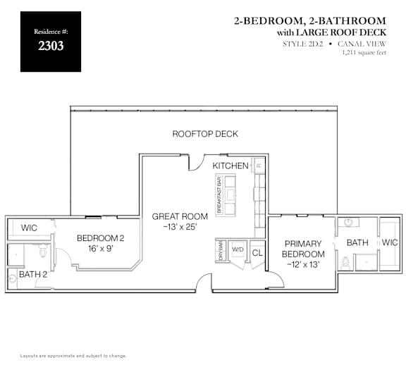 A floor plan for a 2-bedroom, 2-bathroom apartment with a large roof deck.