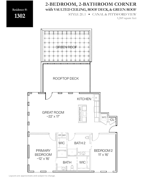 A drawing of a floor plan for a 2-bedroom, 2-bathroom corner apartment.