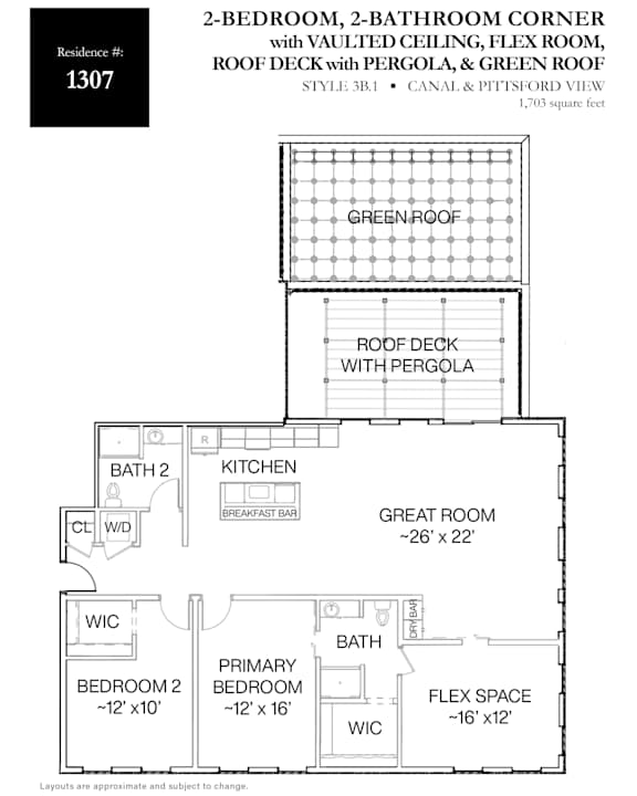 A floor plan for a 2-bedroom, 2-bathroom corner apartment with a green roof.