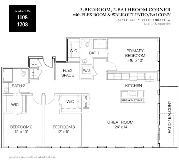 A floor plan for a 3-bedroom, 2-bathroom corner apartment with a flex room and walk-out patio.