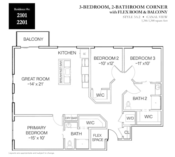 A floor plan of a 3-bedroom, 2-bathroom corner apartment with a flex room and balcony.