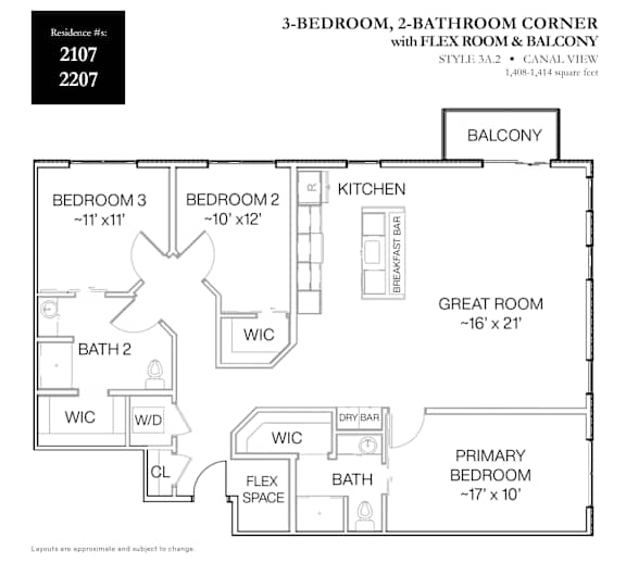 A floor plan for a 3-bedroom, 2-bathroom corner unit with a flex room and balcony.