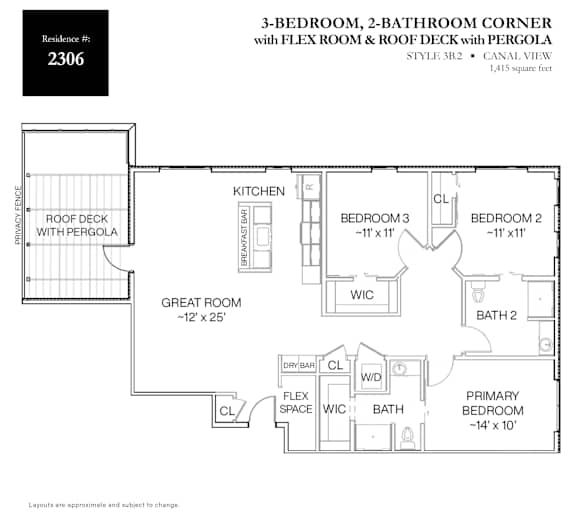 A floor plan for a 3-bedroom, 2-bathroom corner unit with a flex room and a roof deck.