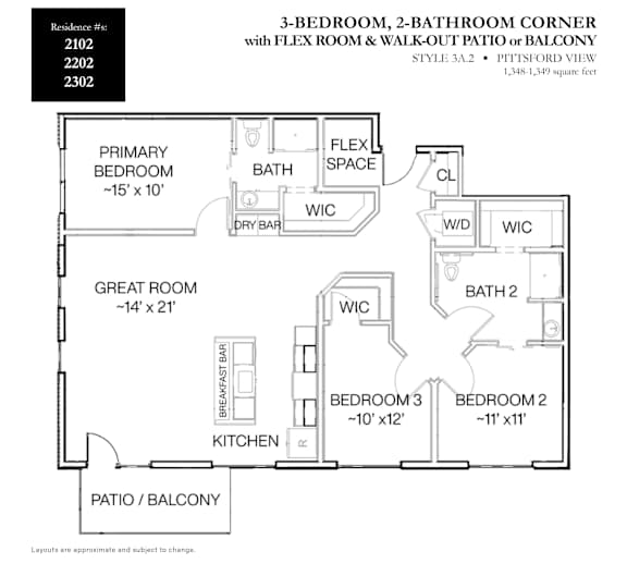 A floor plan of a 3-bedroom, 2-bathroom corner with a flex room and patio/balcony.