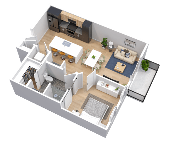 3-D floorplan of a 1-bedroom, 1-bathroom residence (649-660 square feet) with balcony