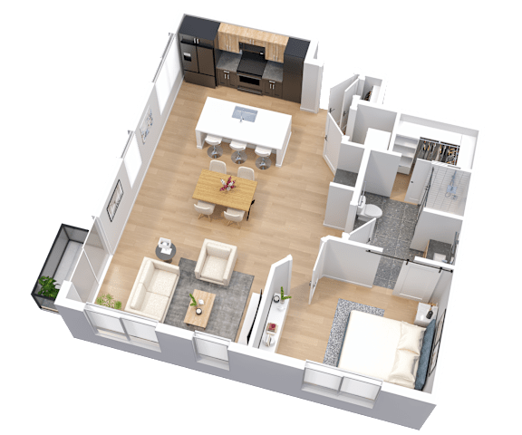 3-D floorplan of 1-bedroom, 1-bathroom corner residence (743 square feet) with balcony