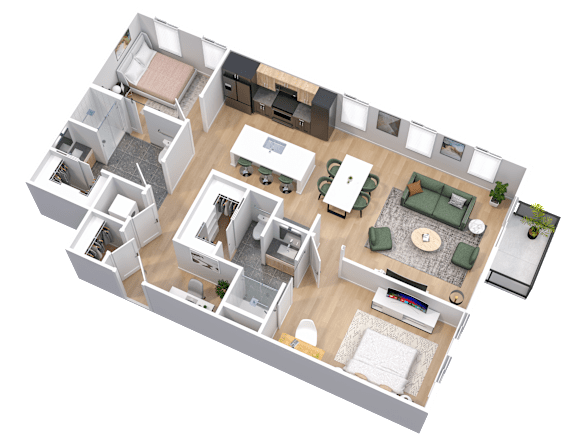 3-D floorplan of 2-bedroom, 2-bathroom corner residence (1241 square feet) with flex space and balcony