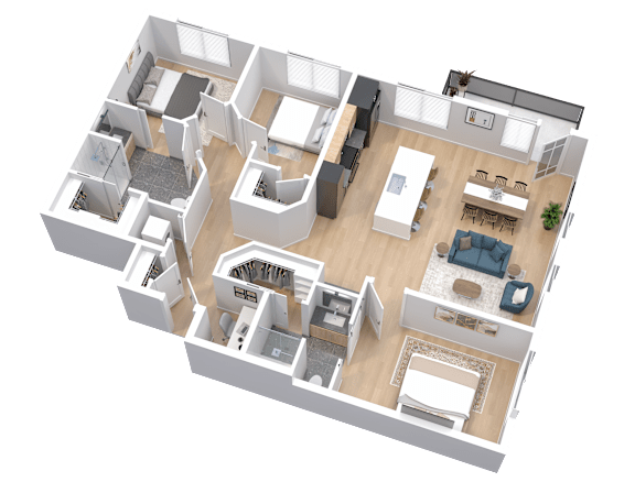 3-D floorplan of 3-bedroom, 2-bathroom corner residence (1346 to 1414 square feet) with flex space and balcony