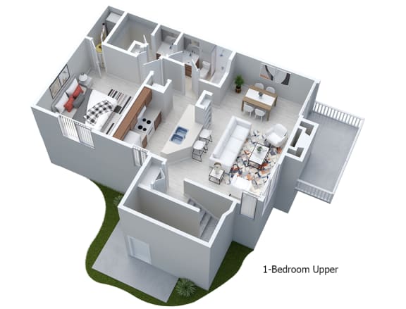 3d floor plan of a house with a bedroom and a living room