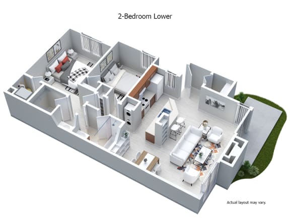 3-D floor plan 2-bedroom, 1-bathroom, ground-floor apartment with fireplace and patio