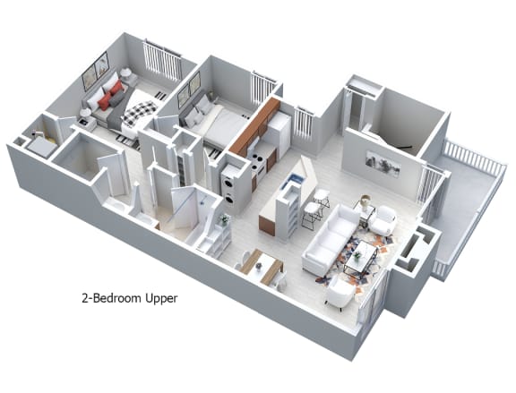 3-D floor plan 2-bedroom, 1-bathroom, second-floor apartment with fireplace and balcony