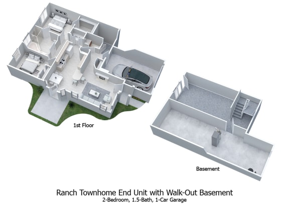 3-D floor plan of 2BR, 1.5BA Ranch Townhome End Unit with 1-Car Garage, Deck, & Walk-Out Basement