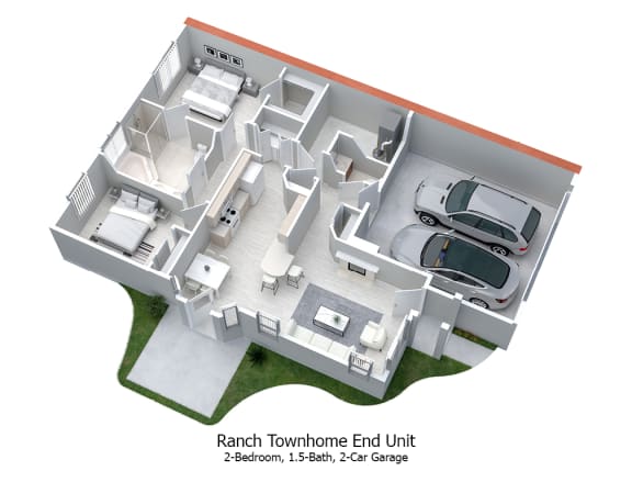 3-D floor plan of 2BR, 1.5BA Ranch Townhome End Unit with 2-Car Garage & Patio