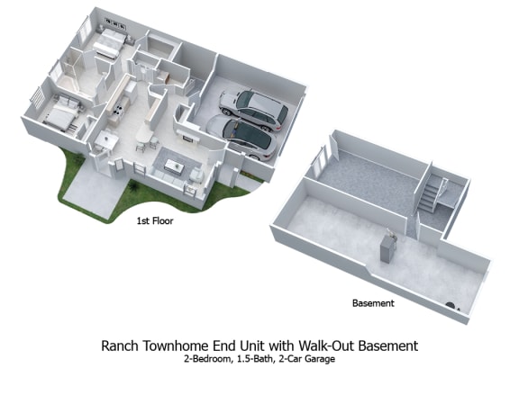 3-D floor plan of 2BR, 1.5BA Ranch Townhome End Unit with 2-Car Garage, Deck, & Walk-Out Basement