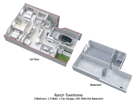 3-D floor plan of 2BR, 1.5BA Ranch Townhome with 1-Car Garage & Walk-Out Basement