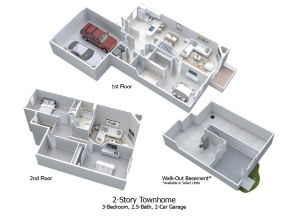 3-D floor plan of 3BR, 2.5BA, 2-StoryTownhome with 2-Car Garage & Deck (& Optional Walk-Out Basement)