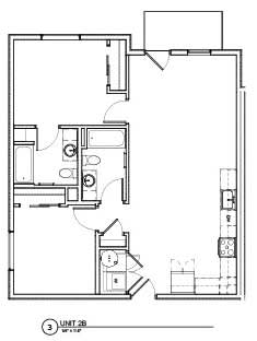 A floor plan of a unit shows a living room, a kitchen, and a bedroom.