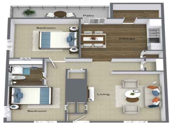 A floor plan of a house with two bedrooms, a living room, a kitchen, and a patio.