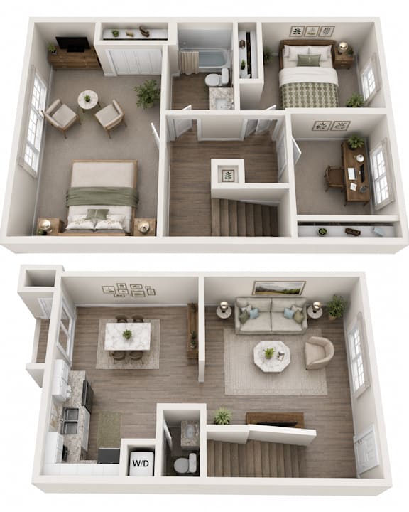 A 3D floor plan of a two-bedroom apartment.