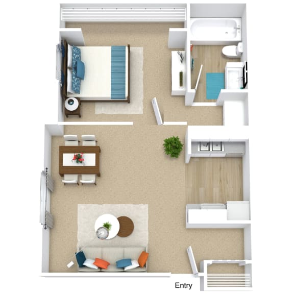 a stylized floor plan with a bedroom and living room