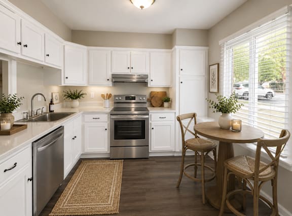 A kitchen with white cabinets and a wooden table.