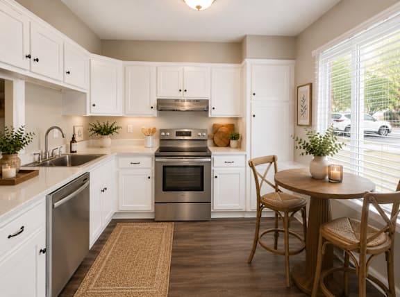 A kitchen with white cabinets and a wooden table.