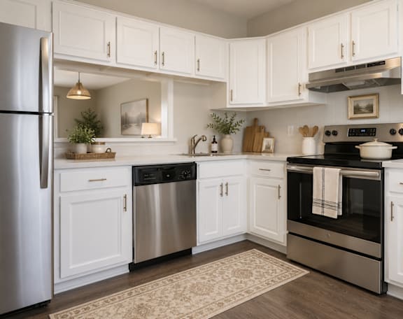 A kitchen with white cabinets and stainless steel appliances.