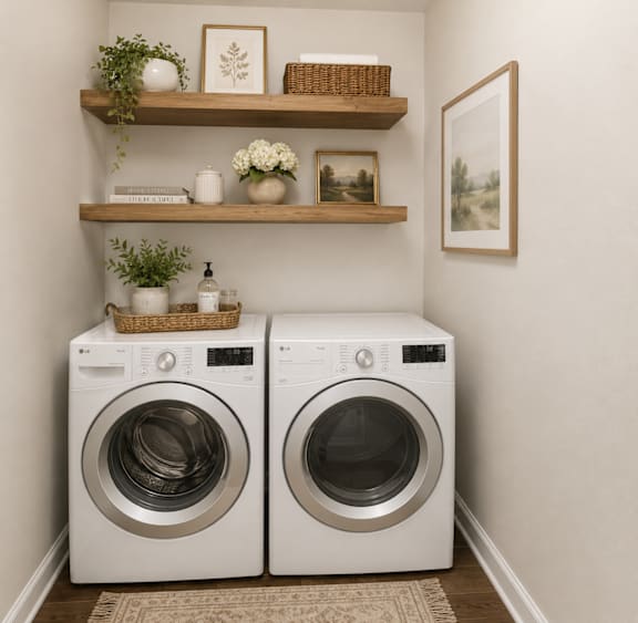 Two front load washing machines are placed in a laundry room.