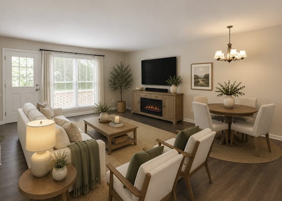 A living room with a fireplace, a television, and a dining table.